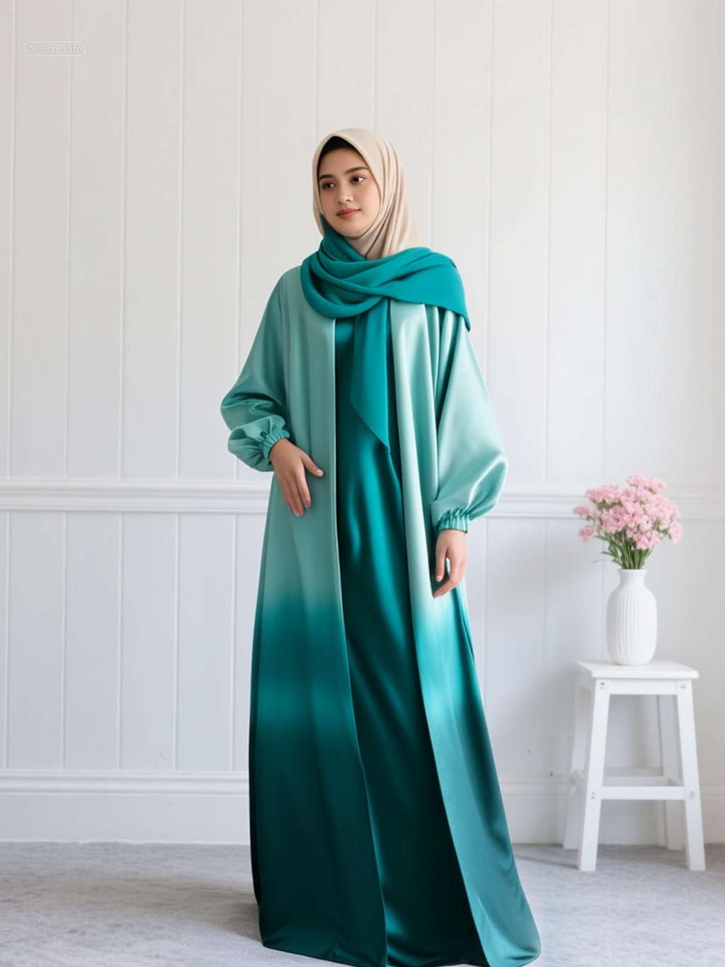 "The Emerald Dip" Ombre Satin Tie & Dye Abaya