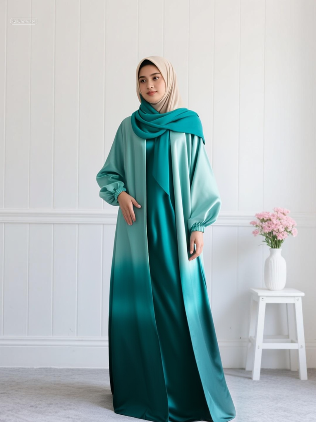 "The Emerald Dip" Ombre Satin Tie & Dye Abaya