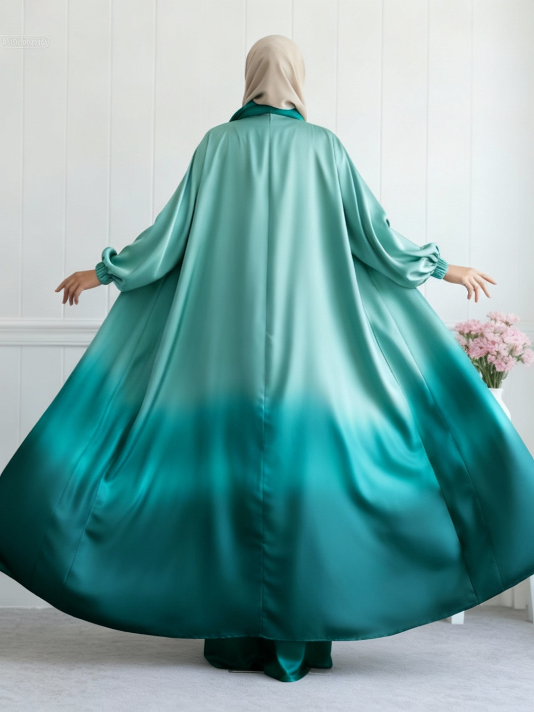 "The Emerald Dip" Ombre Satin Tie & Dye Abaya